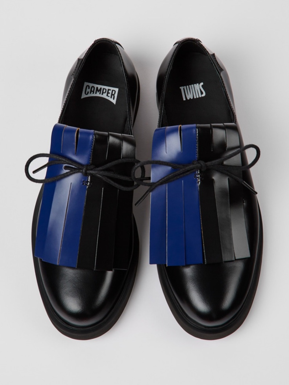Camper Twins Women's Black and Blue Leather Fringe Lace-Up Loafers 8